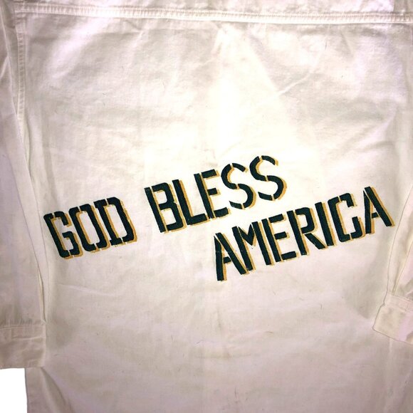 4TH OF JULY DENIM SHIRT SIZE L ALL OVER PRINT GOD BLESS AMERICA USA MADE MENS - Picture 5 of 6